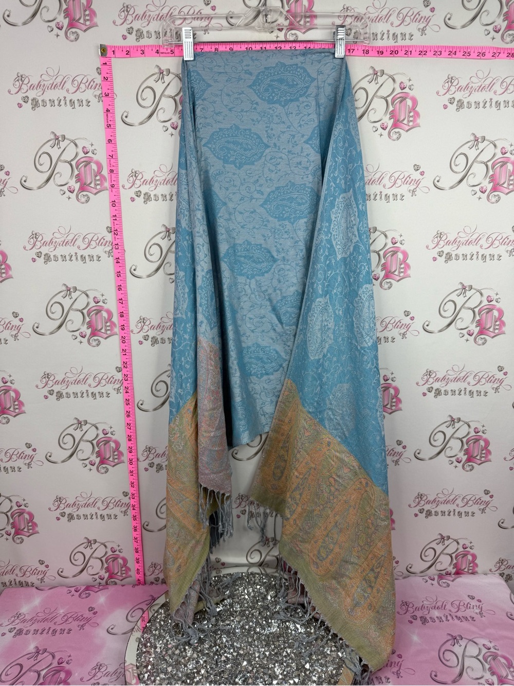 Scarf Light Blue Paisley Woven Wrap with Pastel Trim